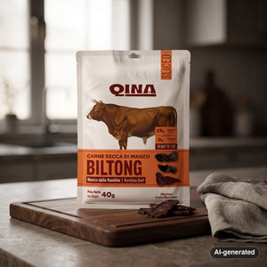 QINA Beef Sliced Biltong on a dark wooden cutting board on a kitchen counter in soft window light, AI-generated image