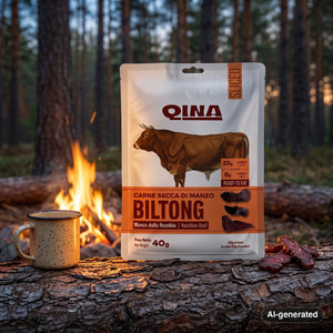 QINA Beef Sliced Biltong on a log by a campfire in a pine forest at dusk, with an enamel mug, AI-generated image