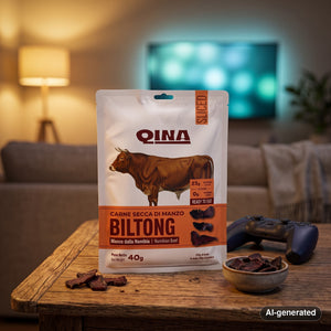 QINA Beef Sliced Biltong on a coffee table in the evening, with a game controller and a small bowl, AI-generated image
