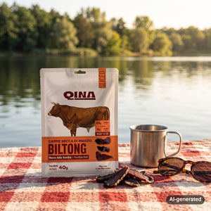 QINA Beef Sliced Biltong on a checked picnic blanket by a lake on a summer day, with a steel cup and sunglasses, AI-generated image