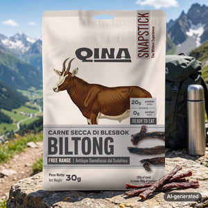 QINA Blesbok Snapstick Biltong on a rock beside a mountain trail in the Alps, with a backpack and thermos, AI-generated image