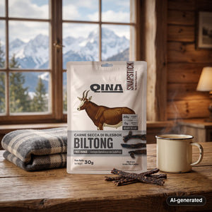 QINA Blesbok Snapstick Biltong on a wooden table in a mountain chalet, with a wool blanket, an enamel mug and snowy mountains outside, AI-generated image