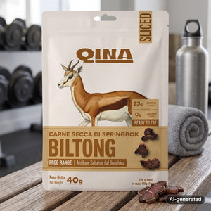 QINA Springbok Sliced Biltong on a gym bench, with dumbbells, a towel and a water bottle in the background, AI-generated image