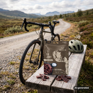 Renjer Elk Jerky Sea Salt on a bench by a gravel road, with a bike and a cycling helmet, AI-generated image