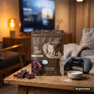 Renjer Elk Jerky Sea Salt on a coffee table in the evening, with a game controller and a small bowl, AI-generated image