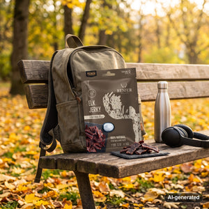 Renjer Elk Jerky Sea Salt sticking out of a backpack on a park bench in autumn, with a water bottle and headphones, AI-generated image