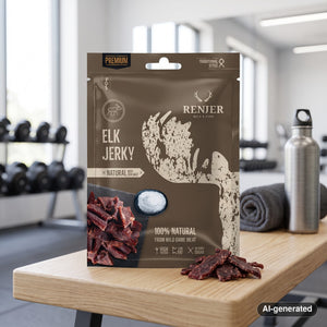 Renjer Elk Jerky Sea Salt on a gym bench, with dumbbells, a towel and a water bottle in the background, AI-generated image