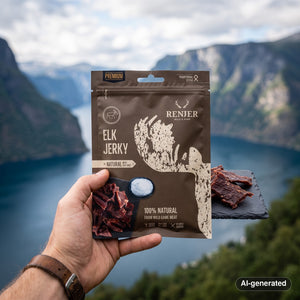 Hand holding Renjer Elk Jerky Sea Salt in front of a fjord landscape, AI-generated image