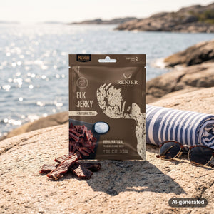 Renjer Elk Jerky Sea Salt on a smooth coastal rock by the sea, with a towel and sunglasses, AI-generated image