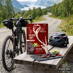 Renjer Red Deer Jerky Chili & Lime on a bench by a gravel road, with a bike and a cycling helmet, AI-generated image