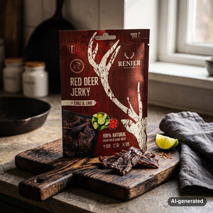 Renjer Red Deer Jerky Chili & Lime on a dark wooden cutting board on a kitchen counter in soft window light, AI-generated image