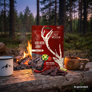 Renjer Red Deer Jerky Chili & Lime on a log by a campfire in a pine forest at dusk, with an enamel mug and a wooden cup, AI-generated image
