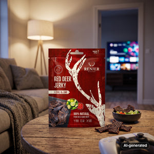 Renjer Red Deer Jerky Chili & Lime on a coffee table in the evening, with a game controller and a small bowl, AI-generated image