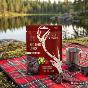 Renjer Red Deer Jerky Chili & Lime on a checked picnic blanket by a forest lake on a summer day, with a steel cup and sunglasses, AI-generated image