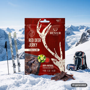 Renjer Red Deer Jerky Chili & Lime in the snow next to touring skis and poles on a sunny winter day in the mountains, AI-generated image