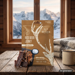 Renjer Red Deer Jerky Sea Salt on a wooden table in a mountain cabin, with a wool blanket, an enamel mug and snowy mountains outside, AI-generated image