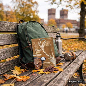 Renjer Red Deer Jerky Sea Salt sticking out of a backpack on a park bench in autumn, with a water bottle and headphones, AI-generated image
