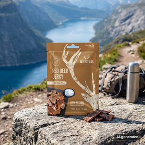 Renjer Red Deer Jerky Sea Salt on a rock beside a mountain trail above a Norwegian fjord, with a backpack and thermos, AI-generated image