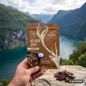 Hand holding Renjer Red Deer Jerky Sea Salt in front of a fjord landscape, AI-generated image