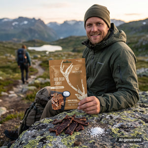 Hiker taking a break in the mountains holding Renjer Red Deer Jerky Sea Salt, AI-generated image