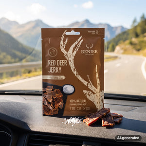 Renjer Red Deer Jerky Sea Salt on the dashboard of a car at a mountain pass viewpoint, AI-generated image
