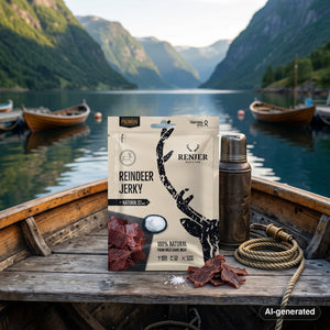 Renjer Reindeer Jerky Sea Salt on the deck of a small boat on a fjord, with a rope and thermos in the evening sun, AI-generated image