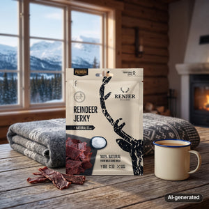 Renjer Reindeer Jerky Sea Salt on a wooden table in a mountain cabin, with a wool blanket, an enamel mug and snowy mountains outside, AI-generated image