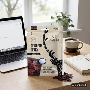 Renjer Reindeer Jerky Sea Salt on a desk next to a laptop, a cup of coffee and a notebook, AI-generated image