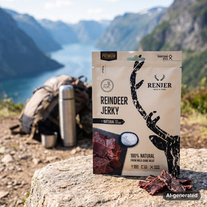 Renjer Reindeer Jerky Sea Salt on a rock beside a mountain trail above a Norwegian fjord, with a backpack and thermos, AI-generated image