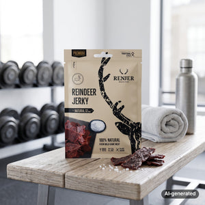 Renjer Reindeer Jerky Sea Salt on a gym bench, with dumbbells, a towel and a water bottle in the background, AI-generated image