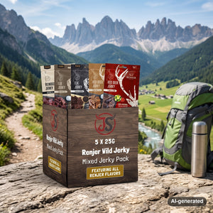 Renjer Tasting 5-pack on a rock beside a mountain trail in the Alps, with a backpack and thermos, AI-generated image