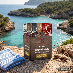 Renjer Tasting 5-pack on a rock by a Mediterranean cove, with a towel and sunglasses, AI-generated image