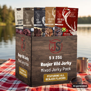 Renjer Tasting 5-pack on a checked picnic blanket by a lake on a summer day, with a steel cup and sunglasses, AI-generated image