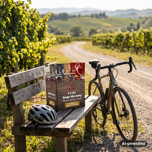 Renjer Tasting 5-pack on a bench by a gravel road through vineyards, with a bike and a cycling helmet, AI-generated image