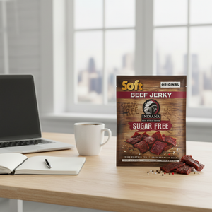 Indiana Soft Beef Jerky Original 20g pack on a home-office desk as an everyday snack