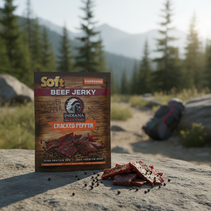 Indiana Soft Beef Jerky Peppered 20g pack on a mountain hiking trail