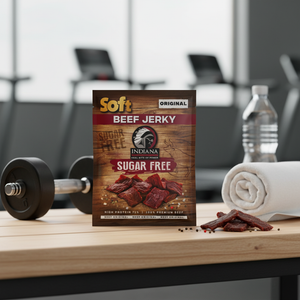 Indiana Soft Beef Jerky Original 20g pack in a gym as a high-protein post-workout snack