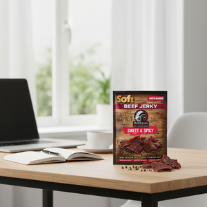 Indiana Soft Beef Jerky Hot & Sweet 20g pack on a home-office desk as an everyday snack