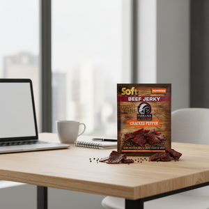 Indiana Soft Beef Jerky Peppered 20g pack on a home-office desk as an everyday snack