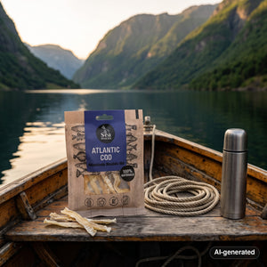 Sea Snacks Dried Atlantic Cod fillet strips on the deck of a small boat on a fjord, with a rope and thermos in the evening sun, AI-generated image
