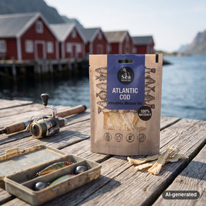 Sea Snacks Dried Atlantic Cod fillet strips on a wooden pier in a fishing village, with a fishing rod and a tackle box, AI-generated image