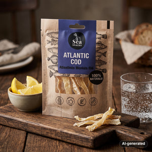 Sea Snacks Dried Atlantic Cod fillet strips on a dark wooden board with lemon wedges and a glass of sparkling water, AI-generated image