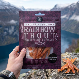 Hand holding Sea Snacks Dried Rainbow Trout fillet strips in front of a fjord landscape, AI-generated image