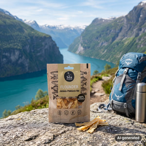 Sea Snacks Dried Sea Flounder fillet strips on a rock beside a mountain trail above a Norwegian fjord, with a backpack and thermos, AI-generated image