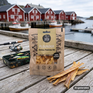 Sea Snacks Dried Sea Flounder fillet strips on a wooden pier in a fishing village, with a fishing rod and a tackle box, AI-generated image