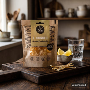 Sea Snacks Dried Sea Flounder fillet strips on a dark wooden board with lemon wedges and a glass of sparkling water, AI-generated image