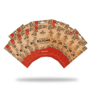 Grizzly Foods Biltong Red Heat 30g packs fanned out in a set of 16, kraft paper design with red chilli band