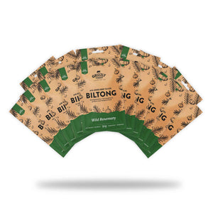 Grizzly Foods Biltong Wild Rosemary 30g packs fanned out in a set of 16, kraft design with green rosemary band