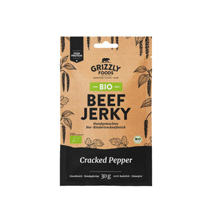 Grizzly Foods Bio Beef Jerky Cracked Pepper 30g pack - organic German beef jerky, high protein snack