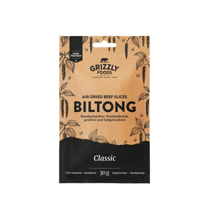 Grizzly Foods Biltong Classic 30g pack, front of pack with high protein flash on kraft paper design